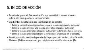5. INICIO DE ACCIÓN
• Anestesia general: Concentración del anestésico en cerebro es
suficiente para producir inconsciencia.
• Gradientes de difusión por la inhalación constate:
• Entre la concentración inspirada del gas y la tensión del alveolo pulmonar.
• Entre la tensión alveolar y la tensión arterial en el capilar pulmonar.
• Entre la tensión arterial en el capilar pulmonar y la tensión arterial cerebral.
• Entre la tensión arterial cerebral y la tensión del anestésico en el cerebro.
• Practica: rápida acción depende de la proporción en la cual la Tensión
Alveolar (FA) incrementa el gas inspirado o tensión de vapor (FI).
1. T.N. Calvey and N.E. Williams. Principles and Practice of Pharmacology for Anaesthetists. Inhalation Anaesthetic Agents.
Editorial Blackwell Publishing Fifth Edition. 2008. Pages 129 - 149.
21
 