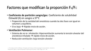 Factores que modifican la proporción FA/FI:
• Coeficiente de partición sangre/gas: Coeficiente de solubilidad
Ostwald (λ) en sangre a 37°C
• Proporción de la cantidad del anestésico cuando las dos fases son igual en
volumen y equilibrio.
• SI es bajo  Rápido inicio de acción.
• Ventilación Pulmonar:
• Sistema de no re- inhalación: Hiperventilación aumenta la tensión alveolar del
anestésico inhalado  rápido inicio de acción.
• Reducción ventilación: baja tensión alveolar
1. T.N. Calvey and N.E. Williams. Principles and Practice of Pharmacology for Anaesthetists. Inhalation
Anaesthetic Agents. Editorial Blackwell Publishing Fifth Edition. 2008. Pages 129 - 149.
23
 