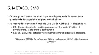 6. METABOLISMO
• Ocurre principalmente en el hígado y depende de la estructura
química  Susceptibilidad para metabolizar.
• Halogenados contienen mas de una unión Carbono- Halogenado:
• C-F: Altamente estable y no tienen un metabolismo significativo 
Sevofluorano, isofluorano y desfluorano.
• C-Cl y C- Br: Menos estables y extensamente metabolizados  Halotano.
‘’Halotano (20%) > Sevofluorano (3%) > Isofluorano (0,2%) > Desfluorano
(0,02%)’’
1. T.N. Calvey and N.E. Williams. Principles and Practice of Pharmacology for Anaesthetists. Inhalation
Anaesthetic Agents. Editorial Blackwell Publishing Fifth Edition. 2008. Pages 129 - 149.
27
 