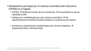 • Metabolismo principal por el sistema enzimático del citocromo
CYP450 en el hígado.
• CYP2E1  Desfluorinización de los anestésicos  Aumentando en ayuno,
obesidad y CAD.
• Halotano es metabolizado por este sistema enzimático  No
significativamente desfluorinizado excepto en condiciones de hipoxia.
• Anestésicos ampliamente metabolizados por enzimas hepáticas 
Hepatotoxicidad y nefrotoxicidad.
1. T.N. Calvey and N.E. Williams. Principles and Practice of Pharmacology for Anaesthetists. Inhalation Anaesthetic
Agents. Editorial Blackwell Publishing Fifth Edition. 2008. Pages 129 - 149.
28
 