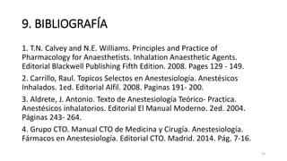 9. BIBLIOGRAFÍA
1. T.N. Calvey and N.E. Williams. Principles and Practice of
Pharmacology for Anaesthetists. Inhalation Anaesthetic Agents.
Editorial Blackwell Publishing Fifth Edition. 2008. Pages 129 - 149.
2. Carrillo, Raul. Topicos Selectos en Anestesiología. Anestésicos
Inhalados. 1ed. Editorial Alfil. 2008. Paginas 191- 200.
3. Aldrete, J. Antonio. Texto de Anestesiología Teórico- Practica.
Anestésicos inhalatorios. Editorial El Manual Moderno. 2ed. 2004.
Páginas 243- 264.
4. Grupo CTO. Manual CTO de Medicina y Cirugía. Anestesiología.
Fármacos en Anestesiología. Editorial CTO. Madrid. 2014. Pág. 7-16.
53
 