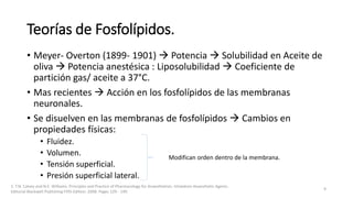 Teorías de Fosfolípidos.
• Meyer- Overton (1899- 1901)  Potencia  Solubilidad en Aceite de
oliva  Potencia anestésica : Liposolubilidad  Coeficiente de
partición gas/ aceite a 37°C.
• Mas recientes  Acción en los fosfolípidos de las membranas
neuronales.
• Se disuelven en las membranas de fosfolípidos  Cambios en
propiedades físicas:
• Fluidez.
• Volumen.
• Tensión superficial.
• Presión superficial lateral.
1. T.N. Calvey and N.E. Williams. Principles and Practice of Pharmacology for Anaesthetists. Inhalation Anaesthetic Agents.
Editorial Blackwell Publishing Fifth Edition. 2008. Pages 129 - 149.
9
Modifican orden dentro de la membrana.
 