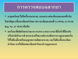 การตรวจสอบฉลากยา
• ยำทุกชนิดจะไม่มีเครื่องหมำย อย. บนฉลำก แต่จะต้องแสดงเลขที่รหัส
ใบสำคัญกำรขึ้นทะเบียนตำรับยำ เช่น ทะเบียนยำเลขที่ 1A 99/46, 2A 91/46
Reg. No. 1C 55/54 เป็นต้น
• ยกเว้นยำที่ผลิตโดยหน่วยงำน กระทรวง ทบวง กรม ทีมี่หน้ำทีป้ องกัน
หรือบำบัดโรค อำทิ สภำกำชำดไทย องค์กำรเภสัชกรรม กฎหมำยยกเว้น
ให้ไม่ต้องยื่นขอใบอนุญำตกำรผลิตยำจำก อย. และไม่ต้องขึ้นทะเบียน
ตำรับยำ อำจไม่มีเลขทะเบียนตำรับยำปรำกฏบนฉลำก
 