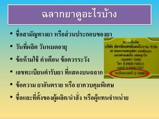 ฉลากยาดูอะไรบ้าง
• ชื่อสำมัญทำงยำ หรือส่วนประกอบของยำ
• วันที่ผลิต วันหมดอำยุ
• ข้อห้ำมใช้ คำเตือน ข้อควรระวัง
• เลขทะเบียนตำรับยำ ที่แสดงบนฉลำก
• ข้อควำม ยำอันตรำย หรือ ยำควบคุมพิเศษ
• ชื่อและที่ตั้งของผู้ผลิต/นำสั่ง หรือผู้แทนจำหน่ำย
 