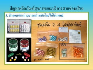 ปัญหาผลิตภัณฑ์สุขภาพและบริการสวยซ่อนเสี่ยง
3. ลักลอบจำหน่ำยยำลดน้ำหนักโดยไม่ใช่แพทย์
 