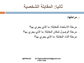 ‫ثانيا‬:‫الشخصية‬ ‫المقابلة‬
‫مراحلها‬:
-‫للمقابلة‬ ‫االستعداد‬ ‫مرحلة‬:‫بها؟‬ ‫يجري‬ ‫الذي‬ ‫ما‬
-‫المقابلة‬ ‫لمكان‬ ‫الوصول‬ ‫مرحلة‬:‫بها؟‬ ‫يجري‬ ‫الذي‬ ‫ما‬
-‫المقابلة‬ ‫أثناء‬ ‫مرحلة‬:‫بها؟‬ ‫يجري‬ ‫الذي‬ ‫ما‬
@DrRehaili Dr.TaghreedAlrehaili@gmail.com
1436-1437‫هـ‬
 