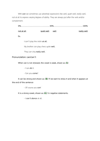 With can we sometimes use adverbial expressions like well, quiet well, really well,
not at all to express varying degrees of ability. They are always put after the verb and/or
complement.
0%..................................................................50%...................................................................100%
not at all quiet well well really well
Ex.
I can’t play the violin at all.
My brother can play chess quite well.
They can sing really well.
Pronunciation: can/can’t
When can is not stressed, the vowel is weak, shown as /ə/.
- I can do it.
- Can you come?
It can be strong and shown as /æ/ if we want to stress it and when it appears at
the end of the sentence
- Of course you can!
It is a strong vowel, shown as /ɑː/ in negative statements.
- I can’t dance at all.
 