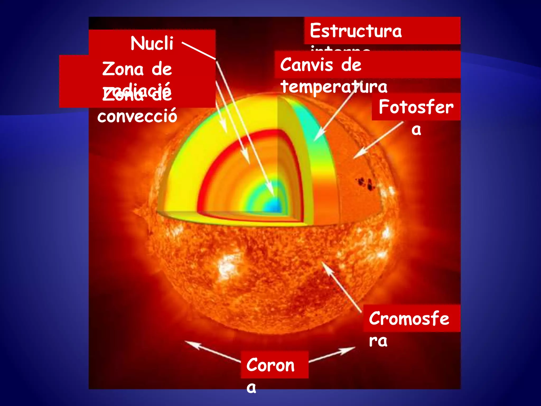 Cromosfe
ra
Fotosfer
a
Coron
a
Nucli
Zona de
convecció
Zona de
radiació
Estructura
interna
Canvis de
temperatura
 