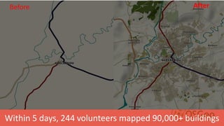 Humanitarian Open StreetMap
Within 5 days, 244 volunteers mapped 90,000+ buildings
Before After
 