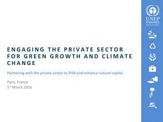 1
E N G A G I N G T H E P R I V A T E S E C T O R
F O R G R E E N G R O W T H A N D C L I M A T E
C H A N G E
Partnering with the private sector to SFM and enhance natural capital
Paris, France
1st March 2016
 