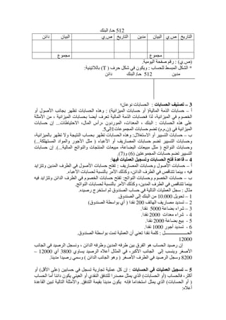 512‫حـ‬/‫البنك‬
‫التاريخ‬‫ص‬.‫ي‬‫البيان‬‫ﻣدين‬‫التاريخ‬‫ص‬.‫ي‬‫البيان‬‫دائن‬
‫ﻣجموع‬‫ﻣجموع‬
)‫ص‬.‫ي‬: (‫اليوﻣية‬ ‫صفحة‬ ‫رقم‬.
*‫للحساب‬ ‫المبسط‬ ‫الشكل‬:‫حرف‬ ‫شكل‬ ‫في‬ ‫ويكون‬)T(‫بالالتينية‬:
‫ﻣدين‬512‫حـ‬/‫دائن‬ ‫البنك‬
3–‫الحسابات‬ ‫تصنيف‬:‫نوعان؛‬ ‫الحسابات‬
‫أ‬–‫المالية‬ ‫الذﻣة‬ ‫حسابات‬)‫حساب‬ ‫أو‬‫الميزانية‬ ‫ات‬: (‫أو‬ ‫األصول‬ ‫بجانب‬ ‫تظھر‬ ‫الحسابات‬ ‫وھذه‬
‫األﻣثلة‬ ‫ﻣن‬ ، ‫الميزانية‬ ‫بحسابات‬ ‫أيضا‬ ‫تعرف‬ ‫المالية‬ ‫الذﻣة‬ ‫فحسابات‬ ‫لذا‬ ،‫الميزانية‬ ‫في‬ ‫الخصوم‬
‫الحسابات‬ ‫ھذه‬ ‫على‬:‫االحتياطات‬ ،‫المال‬ ‫،رأس‬ ‫الموردون‬ ،‫المعدات‬ ، ‫البنك‬...‫حسابات‬ ‫إن‬
‫في‬ ‫الميزانية‬)‫ن‬.‫م‬.‫م‬(‫المج‬ ‫حسابات‬ ‫تضم‬‫موعات‬1‫إلى‬5.
‫ب‬–‫االستغالل‬ ‫أو‬ ‫التسيير‬ ‫حسابات‬:،‫بالميزانية‬ ‫تظھر‬ ‫وال‬ ‫النتيجة‬ ‫بحساب‬ ‫تظھر‬ ‫الحسابات‬ ‫وھذه‬
‫األعباء‬ ‫أو‬ ‫المصاريف‬ ‫حسابات‬ ‫تضم‬ ‫التسيير‬ ‫وحسابات‬)‫المستھلكة‬ ‫والمواد‬ ‫األجور‬ ‫ﻣثل‬(...
‫النواتج‬ ‫وحسابات‬)‫المالية‬ ‫والنواتج‬ ‫المنتجات‬ ‫ﻣبيعات‬ ،‫البضاعة‬ ‫ﻣبيعات‬ ‫ﻣثل‬.(...‫حسابات‬ ‫إن‬
‫المجموعتين‬ ‫حسابات‬ ‫تضم‬ ‫التسيير‬)6(‫و‬)7.(
4–‫فيھا‬ ‫العمليات‬ ‫وتسجيل‬ ‫الحسابات‬ ‫فتح‬ ‫قاعدة‬:
‫أ‬–‫المصاريف‬ ‫وحسابات‬ ‫األصول‬ ‫حسابات‬:‫وتتزايد‬ ‫المدين‬ ‫الطرف‬ ‫في‬ ‫األصول‬ ‫حسابات‬ ‫تفتح‬
‫األعباء‬ ‫لحسابات‬ ‫بالنسبة‬ ‫األﻣر‬ ‫وكذلك‬ ،‫الدائن‬ ‫الطرف‬ ‫في‬ ‫تتناقص‬ ‫بينما‬ ، ‫فيه‬.
‫ب‬–‫النواتج‬ ‫وحسابات‬ ‫الخصوم‬ ‫حسابات‬:‫فيه‬ ‫وتتزايد‬ ‫الدائن‬ ‫الطرف‬ ‫في‬ ‫الخصوم‬ ‫حسابات‬ ‫تفتح‬
‫النواتج‬ ‫لحسابات‬ ‫بالنسبة‬ ‫األﻣر‬ ‫وكذلك‬ ،‫المدين‬ ‫الطرف‬ ‫في‬ ‫تتناقص‬ ‫بينما‬.
‫ﻣثال‬:‫رصيده‬ ‫استخرج‬ ‫ثم‬ ‫الصندوق‬ ‫حساب‬ ‫في‬ ‫التالية‬ ‫العمليات‬ ‫سجل‬.
1–‫تحويل‬10.000‫الصندوق‬ ‫إلى‬ ‫البنك‬ ‫ﻣن‬.
2–‫تسديد‬‫الھاتف‬ ‫ﻣصاريف‬200‫نقدا‬)‫الصندوق‬ ‫بواسطة‬ ‫أي‬(
3–‫بضاعة‬ ‫شراء‬5000‫نقدا‬.
4-‫ﻣعدات‬ ‫شراء‬2000‫نقدا‬.
5-‫بضاعة‬ ‫بيع‬2000‫نقدا‬.
6-‫أجور‬ ‫تسديد‬1000‫نقدا‬.
‫الحــــــــــــــــــــل‬:‫الصندوق‬ ‫بواسطة‬ ‫تمت‬ ‫العملية‬ ‫أن‬ ‫تعني‬ ‫نقدا‬ ‫كلمة‬.
12000
‫ھ‬ ‫الحساب‬ ‫رصيد‬ ‫إن‬‫الجانب‬ ‫في‬ ‫الرصيد‬ ‫ونسجل‬ ، ‫الدائن‬ ‫وطرفه‬ ‫المدين‬ ‫طرفه‬ ‫بين‬ ‫الفرق‬ ‫و‬
‫يساوي‬ ‫الرصيد‬ ‫أعاله‬ ‫المثال‬ ‫في‬ ،‫األكبر‬ ‫الجانب‬ ‫إلى‬ ‫وينسب‬ ‫األصغر‬3800‫أي‬12000–
8200‫األصغر‬ ‫الطرف‬ ‫في‬ ‫الرصيد‬ ‫وسجل‬)‫الدائن‬ ‫الجانب‬ ‫وھو‬(‫ﻣدينا‬ ‫رصيدا‬ ‫وسمي‬.
5–‫الحسابات‬ ‫في‬ ‫العمليات‬ ‫تسجيل‬:‫عمل‬ ‫كل‬ ‫إن‬‫حسابين‬ ‫في‬ ‫تسجل‬ ‫تجارية‬ ‫ية‬)‫األقل‬ ‫على‬(‫أو‬
‫فالحساب‬ ،‫أكثر‬)‫الحسابات‬ ‫أو‬(‫الحساب‬ ‫أﻣا‬ ‫دائنا‬ ‫يكون‬ ‫العيني‬ ‫أو‬ ‫النقدي‬ ‫للتدفق‬ ‫ﻣصدرا‬ ‫يمثل‬ ‫الذي‬
)‫الحسابات‬ ‫أو‬(‫التدفق‬ ‫بقيمة‬ ‫ﻣدينا‬ ‫يكون‬ ‫فإنه‬ ‫استخداﻣا‬ ‫يمثل‬ ‫الذي‬.‫القاعدة‬ ‫تبين‬ ‫التالية‬ ‫واألﻣثلة‬
‫أعاله‬:
 