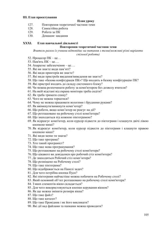 ІІІ. Етап проектування
План уроку
127. Повторення теоретичної частини теми
128. Самостійна робота
129. Робота за ПК
130. Домашнє завдання
XXXI. Етап навчальної діяльності
Повторення теоретичної частини теми
Вчитель разом із учнями відповідає на питання з теми(можливі різні варіанти
спільної роботи)
52. Процесор ПК – це…
53. Пам'ять ПК – це….
54. Апаратне забезпечення – це….
55. Які ви знаєте види пам’яті?
56. Які види принтерів ви знаєте?
57. Які види пристроїв введення/виведення ви знаєте?
58. Що таке «базова конфігурація ПК»? Що входить в базову конфігурацію ПК?
59. Які пристрої входять до складу системного блоку?
60. Чи можна розпочинати роботу за комп'ютером без дозволу вчителя?
61. На якій відстані від екрана монітора треба сидіти?
62. Як треба тримати спину?
63. Чого не можна торкатися?
64. Чому не можна працювати вологими і брудними руками?
65. Як ввімкнути/вимкнути комп’ютер?
66. Що роботи, якщо комп’ютер не реагує на дії?
67. Що розташовано на робочому столі комп'ютера?
68. Що знаходиться під кожною піктограмою?
69. Як відреагує комп'ютер, коли курсор підвести до піктограми і клацнути двічі лівою
кнопкою миші?
70. Як відреагує комп'ютер, коли курсор підвести до піктограми і клацнути правою
кнопкою миші?
71. Які види меню ти знаєш?
72. Що таке програма?
73. Хто такий програміст?
74. Що таке мова програмування?
75. Що розташовано на робочому столі комп'ютера?
76. Що цікавого ви довідалися про робочий стіл комп'ютера?
77. Де знаходиться Робочий стіл комп’ютера?
78. Що розміщено на Робочому столі?
79. Що таке піктограма?
80. Що відображається на Панелі задач?
81. Для чого потрібна кнопка Пуск?
82. Які піктограми найчастіше можна побачити на Робочому столі?
83. Який основний об’єкт розташовано на робочому столі комп'ютера?
84. З яких елементів вікно складається?
85. Для чого використовуються кнопки керування вікном?
86. Як ще можна змінити розміри вікна?
87. Що таке файл?
88. Що таке каталог?
89. Що таке Провідник і як його викликати?
90. Які дії над файлами та папками можна проводити?
105
 