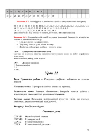 У Ф Х Ц Ч Ш Щ Ь Ю Я ’ –
23 24 25 26 27 28 29 30 31 32 33 34 35
Завдання № 2. Розшифруйте за допомогою алфавіту, пронумерованого по порядку
22, 3, 12, 11, 34, 25, 3, 18, 21, 22,10, 14, 34, 32, 34, 3, 34, 20, 23, 26, 12, 34, 5, 6, 20, 8, 1, 3,
34, 22, 10, 34, 19, 18, 15, 7, 22, 12, 3, 34, 32, 34, 19, 18, 2, 12, 8, 1, 3.
19, 18, 3, 12, 22, 20, 32, 17, 1, 34, 14, 23, 15,30, 14, 1.
(Твій хвостик я в руці тримав, ти полетів, я побіжав.) (Повітряна кулька.)
Завдання № 3. Придумайте свій спосіб кодування інформації. Зашифруйте відповіді на
загадки за допомогою свого коду:
• Між двох світил я у середині один.
• У будинку кімната гуляє, нікого не дивує.
• Я побачив свій портрет, відійшов - портрета немає.
LXIV. Контрольно-оцінювальний етап
Сьогодні ми з вами на практиці навчилися застосовувати знання по роботі з графічним
редактором.
Учитель оцінює роботу учнів на уроці
LXV. Домашнє завдання
1. Вивчити терміни
2. §
3. пит..
Урок 22
Тема: Практична робота 4. Створення графічних зображень за поданим
планом
Навчальна мета: Перевірити засвоєні знання на практиці.
Розвивальна мета: Розвиток пізнавальних інтересів, навиків роботи з
комп’ютером, самоконтролю, уміння конспектувати.
Виховна мета: Виховання інформаційної культури учнів, що вчаться,
уважності, дисциплінованості, посидючості.
Тип уроку: Комбінований урок.
Структура уроку
CXXVII. Організаційний момент
CXXVIII. Етап орієнтації
CXXIX. Етап проектування
CXXX. Етап навчальної діяльності
72
 
