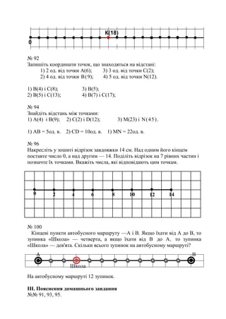 № 92
Запишіть координати точок, що знаходяться на відстані:
1) 2 од. від точки А(6); 3) 3 од. від точки С(2);
2) 4 од. від точки В(9); 4) 5 од. від точки N(12).
1) В(4) і С(8); 3) В(5);
2) В(5) і С(13); 4) В(7) і С(17);
№ 94
Знайдіть відстань між точками:
1) А(4) i В(9); 2) С(2) і D(12); 3) М(23) і N(45).
1) АВ = 5од. в. 2) СD = 10од. в. 1) MN = 22од. в.
№ 96
Накресліть у зошиті відрізок завдовжки 14 см. Над одним його кінцем
поставте число 0, а над другим — 14. Поділіть відрізок на 7 рівних частин і
позначте їх точками. Вкажіть числа, які відповідають цим точкам.
№ 100
Кінцеві пункти автобусного маршруту —А і В. Якщо їхати від А до В, то
зупинка «Школа» — четверта, а якщо їхати від В до А, то зупинка
«Школа» — дев'ята. Скільки всього зупинок на автобусному маршруті?
На автобусному маршруті 12 зупинок.
ІІІ. Пояснення домашнього завдання
№№ 91, 93, 95.
0 2 10 12 144
1
6 8
А В
А
Школа
 