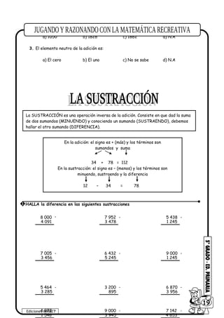 2. Por la mañana cortaron 1438 flores y quedaron 388 ¿Cuántas flores había?
a) 1050 b) 1826 c) 1862 d) N.A
3. El elemento neutro de la adición es:
a) El cero b) El uno c) No se sabe d) N.A
Ediciones MIRBET
6019
La SUSTRACCIÓN es una operación inversa de la adición. Consiste en que dad la suma
de dos sumandos (MINUENDO) y conociendo un sumando (SUSTRAENDO), debemos
hallar el otro sumando (DIFERENCIA).
En la adición: el signo es + (más) y los términos son
sumandos y suma
34 + 78 = 112
En la sustracción: el signo es – (menos) y los términos son
minuendo, sustraendo y la diferencia
12 – 34 = 78
1 HALLA la diferencia en las siguientes sustracciones
8 000
4 091
- 7 952
3 478
- 5 438
1 245
-
7 005
3 456
- 6 432
5 245
- 9 000
1 245
-
5 464
3 285
- 3 200
895
- 6 870
3 956
-
4 972
1 546
- 9 000
3 945
- 7 142
4 653
-
 