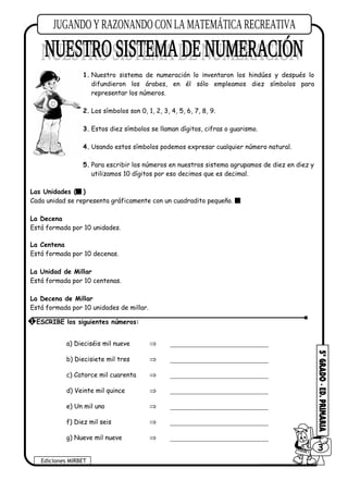 1. Nuestro sistema de numeración lo inventaron los hindúes y después lo
difundieron los árabes, en él sólo empleamos diez símbolos para
representar los números.
2. Los símbolos son 0, 1, 2, 3, 4, 5, 6, 7, 8, 9.
3. Estos diez símbolos se llaman dígitos, cifras o guarismo.
4. Usando estos símbolos podemos expresar cualquier número natural.
5. Para escribir los números en nuestros sistema agrupamos de diez en diez y
utilizamos 10 dígitos por eso decimos que es decimal.
Las Unidades ()
Cada unidad se representa gráficamente con un cuadradito pequeño. 
La Decena
Está formada por 10 unidades.
La Centena
Está formada por 10 decenas.
La Unidad de Millar
Está formada por 10 centenas.
La Decena de Millar
Está formada por 10 unidades de millar.
a) Dieciséis mil nueve ⇒ ____________________________
b) Diecisiete mil tres ⇒ ____________________________
c) Catorce mil cuarenta ⇒ ____________________________
d) Veinte mil quince ⇒ ____________________________
e) Un mil uno ⇒ ____________________________
f) Diez mil seis ⇒ ____________________________
g) Nueve mil nueve ⇒ ____________________________
Ediciones MIRBET
603
1 ESCRIBE los siguientes números:
 