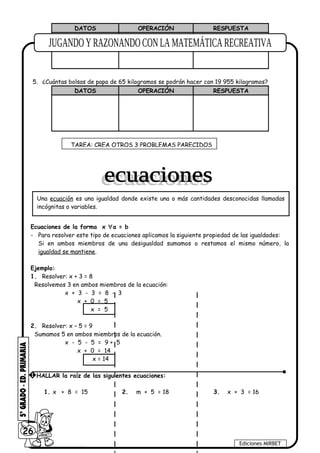 DATOS OPERACIÓN RESPUESTA
5. ¿Cuántas bolsas de papa de 65 kilogramos se podrán hacer con 19 955 kilogramos?
DATOS OPERACIÓN RESPUESTA
Ecuaciones de la forma x ∀a = b
- Para resolver este tipo de ecuaciones aplicamos la siguiente propiedad de las igualdades:
Si en ambos miembros de una desigualdad sumamos o restamos el mismo número, la
igualdad se mantiene.
Ejemplo:
1. Resolver: x + 3 = 8
Resolvemos 3 en ambos miembros de la ecuación:
x + 3 - 3 = 8 - 3
x + 0 = 5
x = 5
2. Resolver: x – 5 = 9
Sumamos 5 en ambos miembros de la ecuación.
x - 5 - 5 = 9 + 5
x + 0 = 14
x = 14
1. x + 8 = 15 2. m + 5 = 18 3. x + 3 = 16
26
Ediciones MIRBET
1 HALLAR la raíz de las siguientes ecuaciones:
Una ecuación es una igualdad donde existe una o más cantidades desconocidas llamadas
incógnitas o variables.
TAREA: CREA OTROS 3 PROBLEMAS PARECIDOS
 