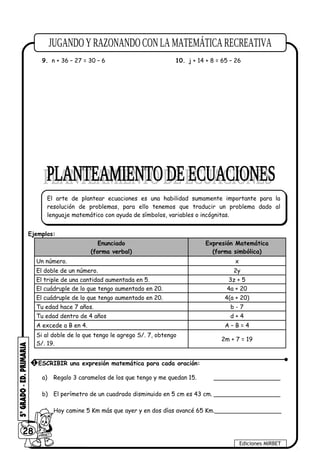 9. n + 36 – 27 = 30 – 6 10. j + 14 + 8 = 65 – 26
Ejemplos:
Enunciado
(forma verbal)
Expresión Matemática
(forma simbólica)
Un número. x
El doble de un número. 2y
El triple de una cantidad aumentada en 5. 3z + 5
El cuádruple de lo que tengo aumentado en 20. 4a + 20
El cuádruple de lo que tengo aumentado en 20. 4(a + 20)
Tu edad hace 7 años. b - 7
Tu edad dentro de 4 años d + 4
A excede a B en 4. A – B = 4
Si al doble de lo que tengo le agrego S/. 7, obtengo
S/. 19.
2m + 7 = 19
a) Regalo 3 caramelos de los que tengo y me quedan 15. __________________
b) El perímetro de un cuadrado disminuido en 5 cm es 43 cm. __________________
c) Hoy camine 5 Km más que ayer y en dos días avancé 65 Km.__________________
28
Ediciones MIRBET
1 ESCRIBIR una expresión matemática para cada oración:
El arte de plantear ecuaciones es una habilidad sumamente importante para la
resolución de problemas, para ello tenemos que traducir un problema dado al
lenguaje matemático con ayuda de símbolos, variables o incógnitas.
El arte de plantear ecuaciones es una habilidad sumamente importante para la
resolución de problemas, para ello tenemos que traducir un problema dado al
lenguaje matemático con ayuda de símbolos, variables o incógnitas.
 
