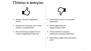Плюсы и минусы
1. Низкая стоимость содержания
(Ф.О.Т.)
2. Возможность большую часть затрат
вывести в операционные
3. Вся автоматизация маркетинга на
стороне подрядчиков (агентств)
1. Отсутствует контроль за каналами
маркетинга
2. Низкая эффективность
маркетинговых затрат
3. Низкое качество и скорость
управления каналами маркетинга
4. Невозможно эффективно расширить
отдел
23
 