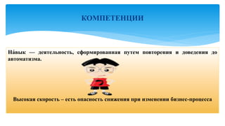 На́вык — деятельность, сформированная путем повторения и доведения до
автоматизма.
Высокая скорость – есть опасность снижения при изменении бизнес-процесса
КОМПЕТЕНЦИИ
 