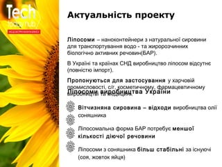 Образец подзаголовка
Актуальність проекту
Ліпосоми – наноконтейнери з натуральної сировини
для транспортування водо - та жиророзчинних
біологічно активних речовин(БАР).
В Україні та країнах СНД виробництво ліпосом відсутнє
(повністю імпорт).
Пропонуються для застосування у харчовій
промисловості, с/г, косметичному, фармацевтичному
виробництві та медицині.Ліпосоми виробництва України
Вітчизняна сировина – відходи виробництва олії
соняшника
Ліпосомальна форма БАР потребує меншої
кількості діючої речовини
Ліпосоми з соняшника більш стабільні за існуючі
(соя, жовток яйця)
 