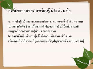 องค์ประกอบของการเรียนรู้ มี ๒ ส่วน คือ
๑. การรับรู้ เป็นกระบวนการแปลความหมายของสิ่งเร้าที่มากระทบ
ประสาทสัมผัส ซึ่งจะเน้นความสาคัญของการรับรู้เป็นส่วนรวมที่
สมบูรณ์มากกว่าการรับรู้ส่วน ย่อยทีละส่วน
๒. การหยั่งเห็น เป็นการรู้แจ้ง เกิดความคิดความเข้าใจแวบ
เข้ามาทันทีทันใดขณะที่บุคคลกาลังเผชิญปัญหาและจัด ระบบการรับรู้
 