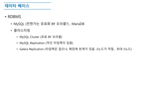 데이타 베이스
• RDBMS
• MySQL (언젠가는 유료화 BY 오라클?) , MariaDB
• 클러스터링
• MySQL Cluster (유료 BY 오라클)
• MySQL Replication (약간 타임랙이 있음)
• Galera Replication (타임랙은 없으나, 확장에 한계가 있음. 3노드가 적절 , 최대 5노드)
 
