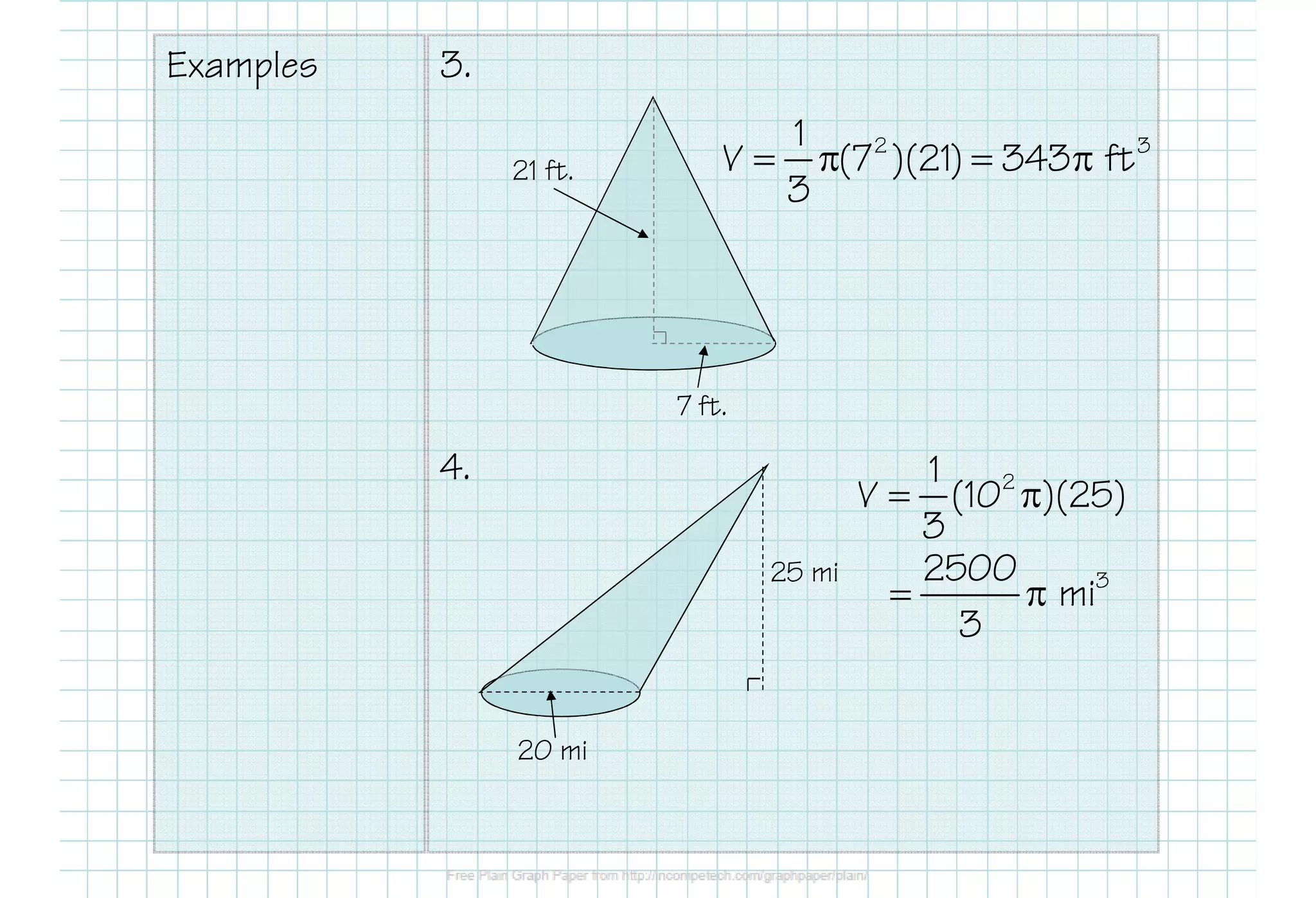 Examples 3.
4.
7 ft.
21 ft.
2 31
V (7 )(21) 343 ft
3
= π = π
25 mi
20 mi
21
V (10 )(25)
3
= π
32500
mi
3
= π
 