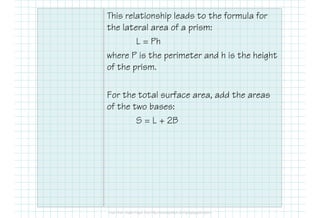 This relationship leads to the formula for
the lateral area of a prism:
L = Ph
where P is the perimeter and h is the height
of the prism.
For the total surface area, add the areas
of the two bases:
S = L + 2B