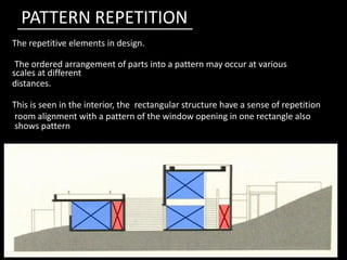 The repetitive elements in design.
The ordered arrangement of parts into a pattern may occur at various
scales at different
distances.
This is seen in the interior, the rectangular structure have a sense of repetition
room alignment with a pattern of the window opening in one rectangle also
shows pattern
PATTERN REPETITION
shows pattern
 