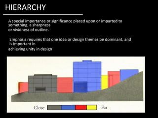 A special importance or significance placed upon or imparted to
something; a sharpness
or vividness of outline.
Emphasis requires that one idea or design themes be dominant, and
is important in
achieving unity in design
HIERARCHY
 