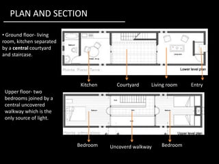 PLAN AND SECTION
• Ground floor- living
room, kitchen separated
by a central courtyard
and staircase.
Kitchen Courtyard Living room EntryKitchen Courtyard Living room Entry
Upper floor- two
bedrooms joined by a
central uncovered
walkway which is the
only source of light.
Bedroom BedroomUncoverd walkway
 