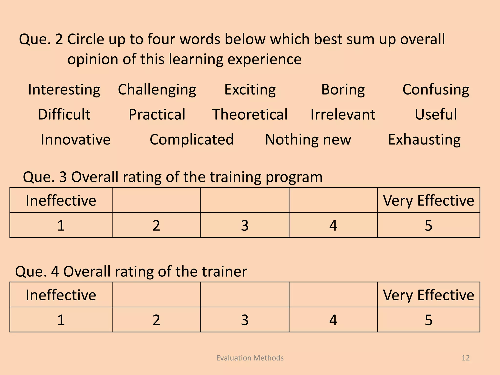 Evaluation Methods 12
Que. 2 Circle up to four words below which best sum up overall
opinion of this learning experience
Interesting Challenging Exciting Boring Confusing
Difficult Practical Theoretical Irrelevant Useful
Innovative Complicated Nothing new Exhausting
Que. 3 Overall rating of the training program
Ineffective Very Effective
1 2 3 4 5
Ineffective Very Effective
1 2 3 4 5
Que. 4 Overall rating of the trainer
 