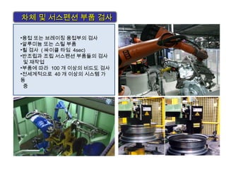 차체 및 서스펜션 부품 검사차체 및 서스펜션 부품 검사
•용접 또는 브레이징 용접부의 검사
•알루미늄 또는 스틸 부품
•휠 검사 ( 싸이클 타임 4sec)
•반조립과 조립 서스펜션 부품들의 검사
및 재작업
•부품에 따라 100 개 이상의 비드도 검사
•전세계적으로 40 개 이상의 시스템 가
동
중
 