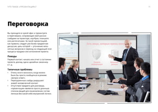 Переговорка
Вы приходите в чужой офис и презентуете
в переговорке, сопровождая свой рассказ
слайдами на проекторе, ноутбуке, планшете
или распечатками. За такой презентацией,
как правило, следует уже более предметная
дискуссия, цель которой — ​уточнение непо-
нятных вопросов и переход на следующий этап
процесса продажи или исполнения проекта.
Поводы
Первый контакт, начало или отчет о состоянии
проекта, доклад, сдача «дизайна» заказчику
и т. д.
Типичные проблемы
•	 Очень много монолога, когда можно
было бы просто пообщаться в режиме
«вопрос-ответ».
•	 Перегруженные cлайды разрушают
живой человеческий контакт.
•	 Отсутствие предмета для разговора,
«презентация» является просто длинным
списком вещей для ознакомления, состав-
ленным без какой-либо внутренней логики.
11Что такое «презентация»?
 