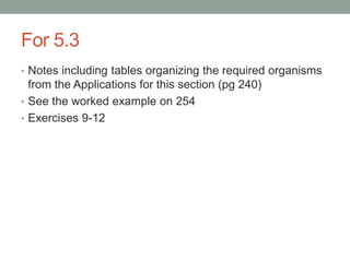 For 5.3
• Notes including tables organizing the required organisms
from the Applications for this section (pg 240)
• See the worked example on 254
• Exercises 9-12
 
