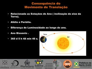 Consequência do
Movimento de Translação
• Relacionada as Estações do Ano ( inclinação do eixo da
Terra).
• Afélio e Periélio.
• Diferença de Luminosidade ao longo do ano.
• Ano Bissexto .
• 365 d 5 h 48 min 46 s.
 