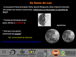 As fases da Lua
-A Lua possui 4 Fases principais: Cheia, Quarto Minguante, Nova e Quarto Crescente.
-Ela sempre nos mostra a mesma face. (válido para um observador na superfície da
Terra!)
* Período de Revolução (Lua)=
aprox. 28 dias. (13°/dia/O-L).
* Será que a Lua possui
movimento de rotação?
Aparências
Http://astro.unl.edu/classaction/lunarcycles.html
Site: Universidade de Nebraska
 