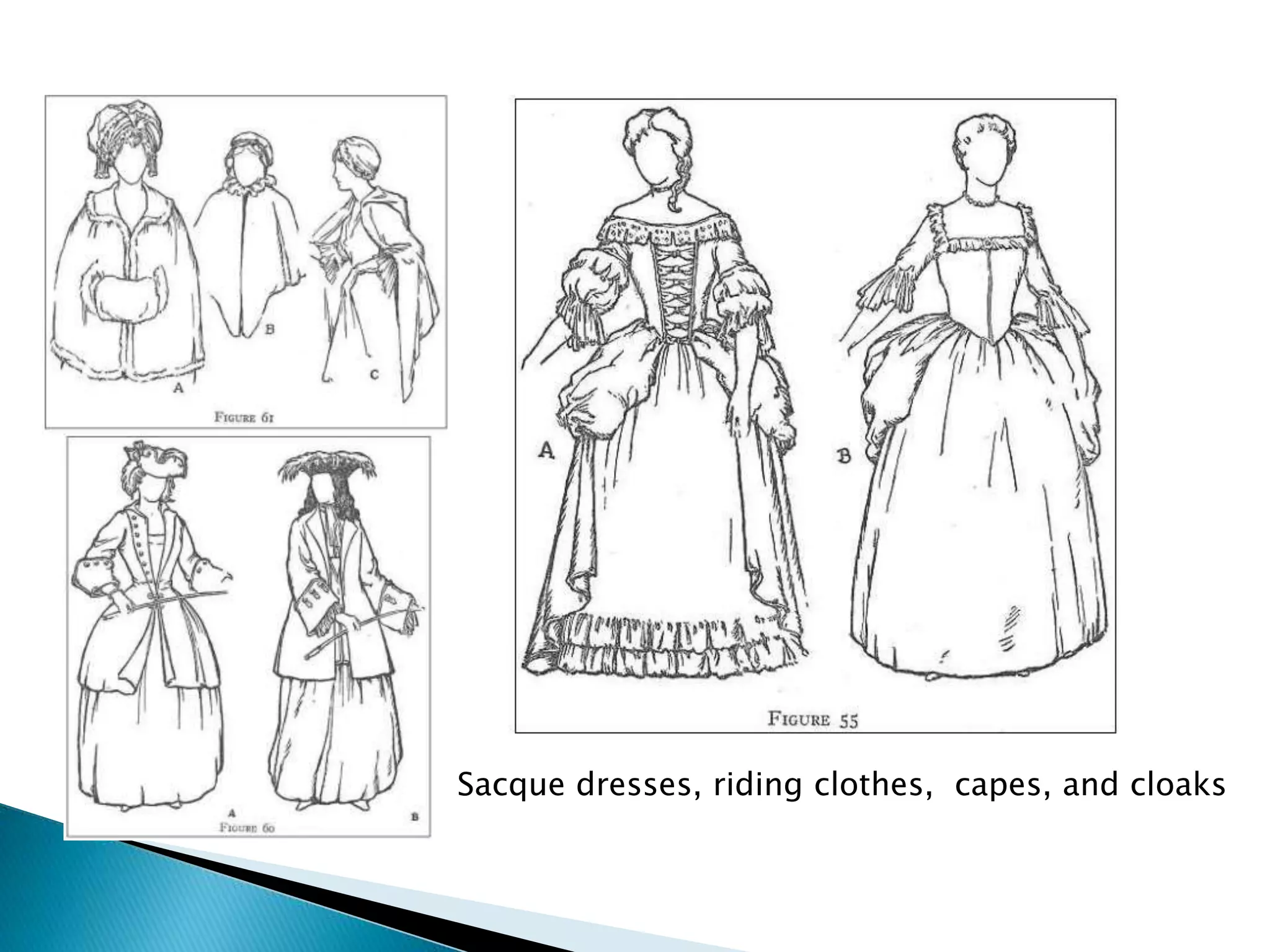 Sacque dresses, riding clothes, capes, and cloaks
 