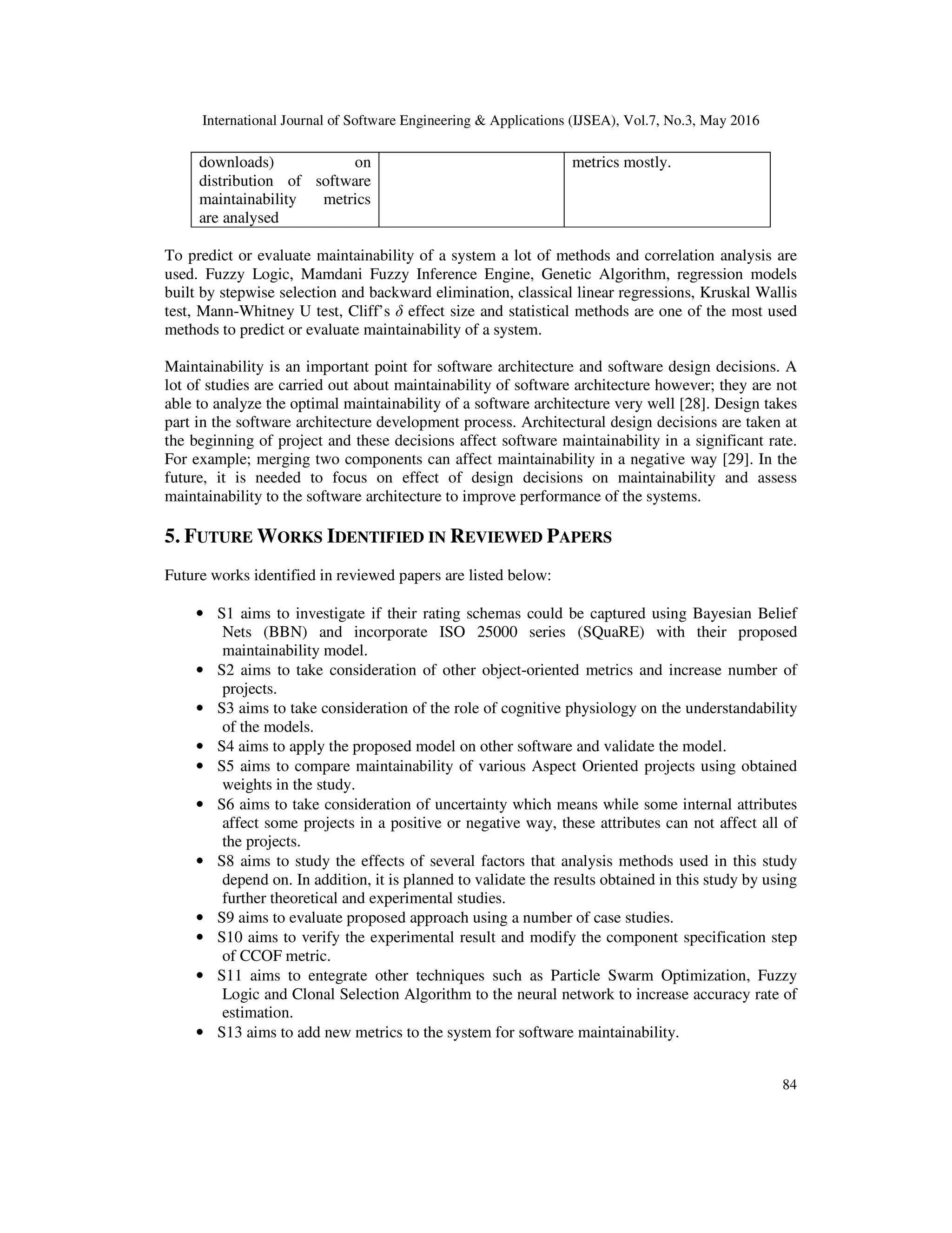International Journal of Software Engineering & Applications (IJSEA), Vol.7, No.3, May 2016
84
downloads) on
distribution of software
maintainability metrics
are analysed
metrics mostly.
To predict or evaluate maintainability of a system a lot of methods and correlation analysis are
used. Fuzzy Logic, Mamdani Fuzzy Inference Engine, Genetic Algorithm, regression models
built by stepwise selection and backward elimination, classical linear regressions, Kruskal Wallis
test, Mann-Whitney U test, Cliff’s δ effect size and statistical methods are one of the most used
methods to predict or evaluate maintainability of a system.
Maintainability is an important point for software architecture and software design decisions. A
lot of studies are carried out about maintainability of software architecture however; they are not
able to analyze the optimal maintainability of a software architecture very well [28]. Design takes
part in the software architecture development process. Architectural design decisions are taken at
the beginning of project and these decisions affect software maintainability in a significant rate.
For example; merging two components can affect maintainability in a negative way [29]. In the
future, it is needed to focus on effect of design decisions on maintainability and assess
maintainability to the software architecture to improve performance of the systems.
5. FUTURE WORKS IDENTIFIED IN REVIEWED PAPERS
Future works identified in reviewed papers are listed below:
• S1 aims to investigate if their rating schemas could be captured using Bayesian Belief
Nets (BBN) and incorporate ISO 25000 series (SQuaRE) with their proposed
maintainability model.
• S2 aims to take consideration of other object-oriented metrics and increase number of
projects.
• S3 aims to take consideration of the role of cognitive physiology on the understandability
of the models.
• S4 aims to apply the proposed model on other software and validate the model.
• S5 aims to compare maintainability of various Aspect Oriented projects using obtained
weights in the study.
• S6 aims to take consideration of uncertainty which means while some internal attributes
affect some projects in a positive or negative way, these attributes can not affect all of
the projects.
• S8 aims to study the effects of several factors that analysis methods used in this study
depend on. In addition, it is planned to validate the results obtained in this study by using
further theoretical and experimental studies.
• S9 aims to evaluate proposed approach using a number of case studies.
• S10 aims to verify the experimental result and modify the component specification step
of CCOF metric.
• S11 aims to entegrate other techniques such as Particle Swarm Optimization, Fuzzy
Logic and Clonal Selection Algorithm to the neural network to increase accuracy rate of
estimation.
• S13 aims to add new metrics to the system for software maintainability.
 