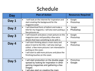 Schedule
Day Plan of Action Resources Required
Day 1  I will look on the internet for inspiration and
start creating the background for the
magazine cover
 Google
 Photoshop
Day 2  I will download fonts of dafont and make a
title for my magazine, I will also start putting a
few pictures on.
 Google
 Photoshop
Day 3  I will research and place a main picture on the
magazine cover and possibly a few extra
details that have something to do with is
 Google
 Photoshop
Day 4  I will start thinking about a main story and
place it next to the title. I will also start go
collect a few more pictures I am interested in
putting on the cover.
 I will start to add more pictures and place the
finishing touches on the cover.

 Google
 Photoshop
Day 5  I will start production on the double page
spread by looking for inspiration in other
gaming magazines and gathering a few
images
 I will also start on creating the main
 Photoshop
 Google
 