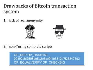 Drawbacks of Bitcoin transaction
system
1. lack of real anonymity
2. non-Turing complete scripts
OP_DUP OP_HASH160
02192cf...