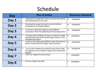 Schedule
Day Plan of Action Resources Required
Day 1
• Selecting the images that I want to use from the internet
and checking they can be used
 computer
Day 2
• Choosing the images that best fit my brief and lend
themselves to be merged together
 computer
Day 3
• Continue to refine the images by using different
processes on them like photoshop and rotoscoping them
 computer
Day 4
• Continue with the editing and start to overlay the images
and getting the look of the overall image correct so it is a
well balanced product
 computer
Day 5
• Continue with editing using different colour techniques to
get the correct feel of the image I want to produce
 computer
Day 6 • Go over the mistakes and correct the look of the image
so it appears as one cohesive image and not several put
together
 computer
Day 7
• Finish the images and set and save • computer
Day 8
• Produce images and email • computer
 