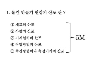 1. 물건 만들기 현장의 산포 란 ?
① 재료의 산포
② 사람의 산포
③ 기계설비의 산포
④ 작업방법의 산포
⑤ 측정방법이나 측정기기의 산포
5M
 