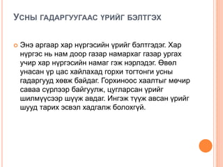 УСНЫ ГАДАРГУУГААС ҮРИЙГ БЭЛТГЭХ
 Энэ аргаар хар нүргэсийн үрийг бэлтгэдэг. Хар
нүргэс нь нам доор газар намархаг газар ургах
учир хар нүргэсийн намаг гэж нэрлэдэг. Өвөл
унасан үр цас хайлахад горхи тогтонги усны
гадаргууд хөвж байдаг. Горхиноос хаалтыг мөчир
саваа сүрлээр байгуулж, цугларсан үрийг
шилмүүсээр шүүж авдаг. Ингэж түүж авсан үрийг
шууд тарих эсвэл хадгалж болохгүй.
 