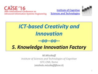 1
ICT-based Creativity and
Innovation
--oo--oo--
5. Knowledge Innovation Factory
M.Missikoff
Institute of Sciences and Technologies of Cognition
ISTC-CNR, Rome
(michele.missikoff@cnr.it)
Institute of Cognitive
Sciences and Technologies
 