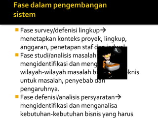  Fase survey/defenisi lingkup
menetapkan konteks proyek, lingkup,
anggaran, penetapan staf dan jadwal
 Fase studi/analisis masalah
mengidentifikasi dan menganalisa
wilayah-wilayah masalah bisnis dan teknis
untuk masalah, penyebab dan
pengaruhnya.
 Fase defenisi/analisis persyaratan
mengidentifikasi dan menganalisa
kebutuhan-kebutuhan bisnis yang harus
 