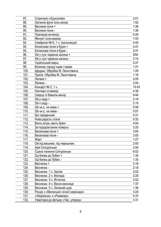 9
87. Спіричуел «Єрусалим» 2:01
88. Органна фуга соль-мінор 1:52
89. Весняна пісня + 1:36
90. Весняна пісня - 1:36
91. Прелюдія мі-мінор 0:40
92. Менует соль-мажор 1:53
93. Симфонія № б, 1 ч. (експозиція) 4:40
94. Колискова пісня в бурю + 2:41
95. Колискова пісня в бурю - 2:41
96. Ой у лузі червона калина + ЗЛ4
97. Ой у лузі червона калина - 3:14
98. Український марш 2:27
99. Всякому городу нрав і права 1:21
100. Щедрик. Обробка М. Леонтовича 1:29
101. Пряля. Обробка М. Леонтовича 1:16
102. Лелека + 2:05
103. Лелека - 2:04
104. Концерт № 2, 1 ч. 10:43
105. Ноктюрн сі-мажор 4:38
106. Скерцо сі бемоль-мінор 9:44
107. Ой у саду + 2:18
108. Ой v саду - 2:19
109. Ой чи є, чи нема + 0:58
110. Ой чи є, чи нема - 0:57
111. Бог предвічний 0:31
112. Нова радість стала 0:32
113. Віють вітри, віють буйні 4:04
114. За городом качки пливуть 3:20
115. Веселкова пісня + 3:05
116. Веселкова пісня - 3:05
117. Жарт 1:27
118. Ой під вишнею, під черешнею 2:00
119. Арія Снігуроньки 3:55
120. Сцена танення Снігуроньки 6:02
121. Од Києва до Лубен + 1:35
122. Од Києва до Лубен - 1:35
123. Веснянка + 2:18
124. Веснянка - 2:18
125. Веснянки. 1 ч. Заспів 2:02
126. Веснянки. 2 ч. Молода 2:24
127. Веснянки. 3 ч. Ягілочка 2:52
128. Веснянки. 4 ч. Весно-веснице 1:37
129. Веснянки. 5 ч. Зелений шум 1:36
130. Рондо з «Маленької нічної серенади» 3:24
131. «Лякрімоза» з «Реквієму» 5:37
132. Увертюра до фільму «Час, уперед» 3:31
 