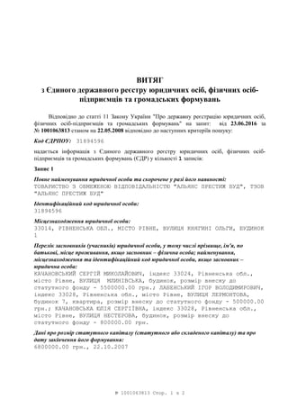 ВИТЯГ
з Єдиного державного реєстру юридичних осіб, фізичних осіб-
підприємців та громадських формувань
Відповідно до статт...