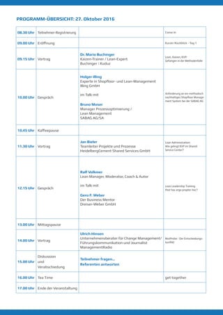 PROGRAMM-ÜBERSICHT: 27. Oktober 2016
08.30 Uhr Teilnehmer-Registrierung Come In
09.00 Uhr Eröffnung Kurzer Rückblick - Tag 1
09.15 Uhr Vortrag
Dr. Mario Buchinger
Kaizen-Trainer / Lean-Expert
Buchinger | Kuduz
Lean, Kaizen, KVP:
Gefangen in der Methodenfalle
10.00 Uhr Gespräch
Holger Illing
Experte in Shopfloor- und
Lean-Management
Illing GmbH
im Talk mit
Bruno Moser
Manager Prozessoptimierung /
Lean Management
SABAG AG/SA
Anforderung an ein methodisch
nachhaltiges Shopfloor Management
System bei der SABAG AG
10.45 Uhr Kaffeepause
11.30 Uhr Vortrag
Jan Bieler
Teamleiter Projekte und Prozesse
HeidelbergCement Shared
Services GmbH
Lean Administration:
Wie gelingt KVP im Shared Service
Center?
12.15 Uhr Gespräch
Ralf Volkmer
Lean Manager, Moderator, Coach
& Autor
im Talk mit
Gero F. Weber
Der Business Mentor
Dreiser-Weber GmbH
Lean Leadership Training -
post hoc ergo propter hoc?
13.00 Uhr Mittagspause
14.00 Uhr Vortrag
Ulrich Hinsen
Unternehmensberater für
Change Management/
Führungskommunikation und
Journalist
ManagementRadio
MutProbe | Der Entscheidungskonflikt
15.00 Uhr
Diskussion
und
Verabschiedung
Teilnehmer fragen...
Referenten antworten
16.00 Uhr Tea Time - Get together
17.00 Uhr Ende der Veranstaltung
 